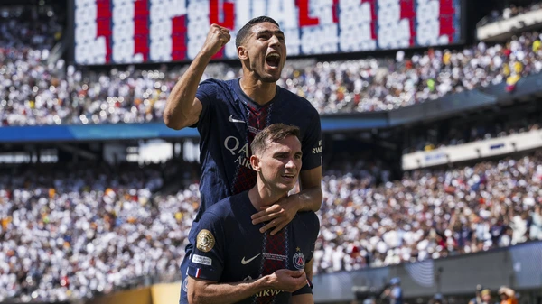 FIFA Club World Cup Fabian Ruiz of Paris Saint-Germain FC celebrates with Achraf Hakimi of Paris Saint-Germain FC after scoring a goal during the FIFA Club World Cup semi final football match between Paris Saint-Germain FC and Real Madrid CF.