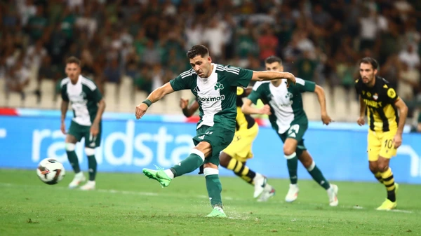 Tasos Bakasetas of Panathinaikos in action during the UEFA Europa League second qualifying round 1st leg match between Panathinaikos and Botev Plovdiv held in OAKA Arena in Athens, Greece, 25 July 2024.