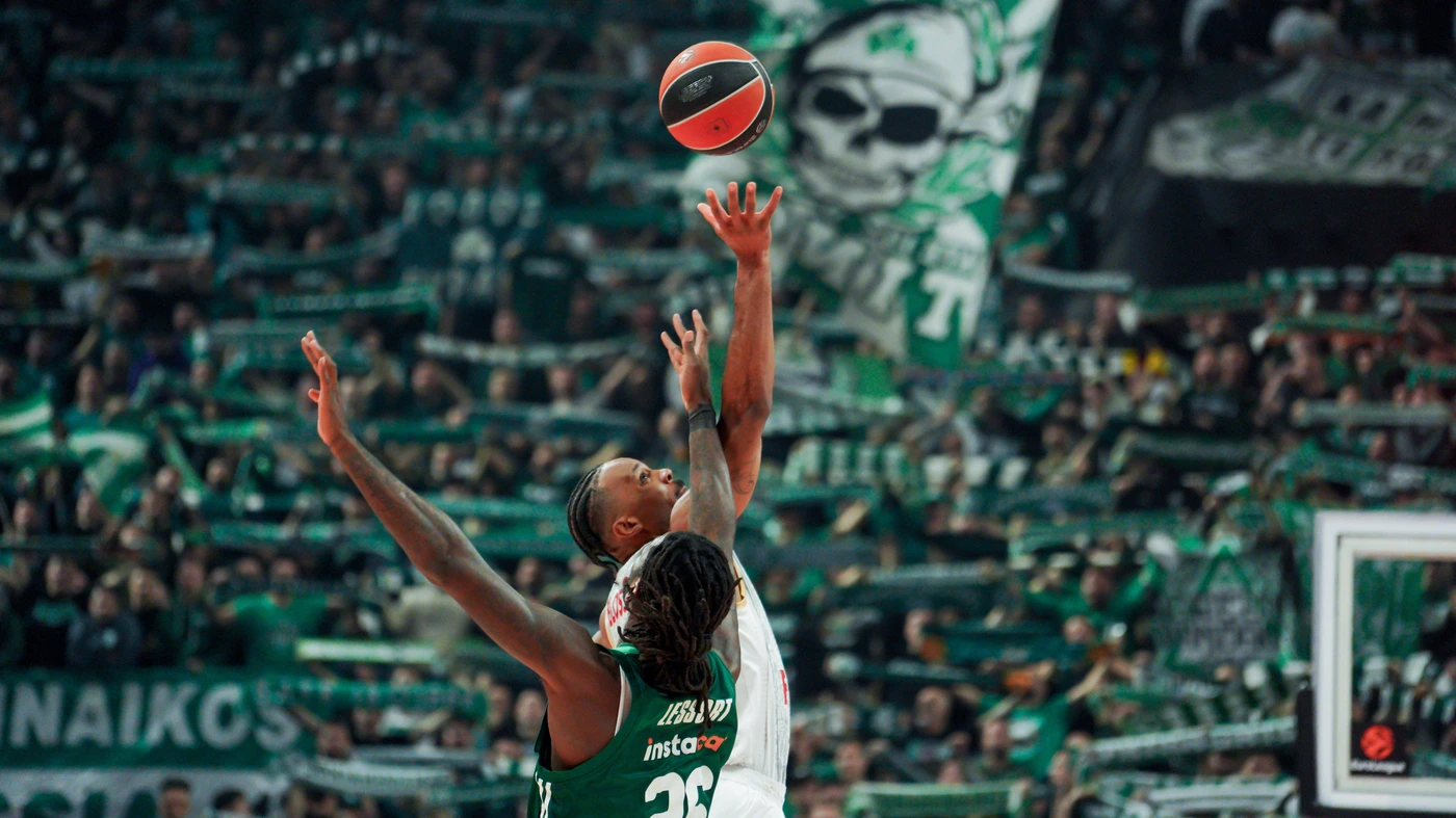 Matias Lessort and Jaron Blossomgame participate in a tip-off during the Panathinaikos BC vs. Monaco BC EuroLeague Round 34 game at the Telecom Center in Athens, Greece, on March 27, 2026.