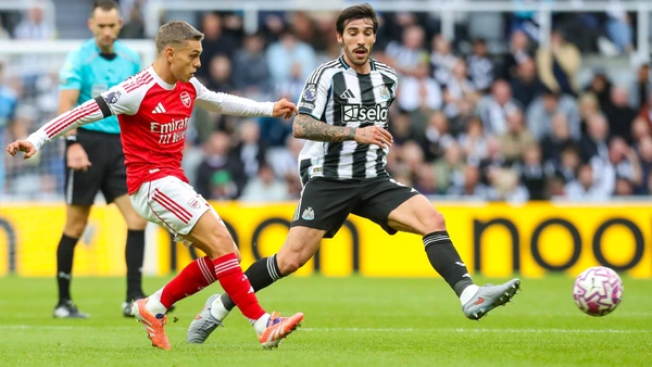 Leandro Trossard Of Arsenal battles with Sandro Tonali Of Newcastle United during the Newcastle United FC v Arsenal FC English Premier League match at St.James Park, Newcastle, England, United Kingdom on 28 September 2025