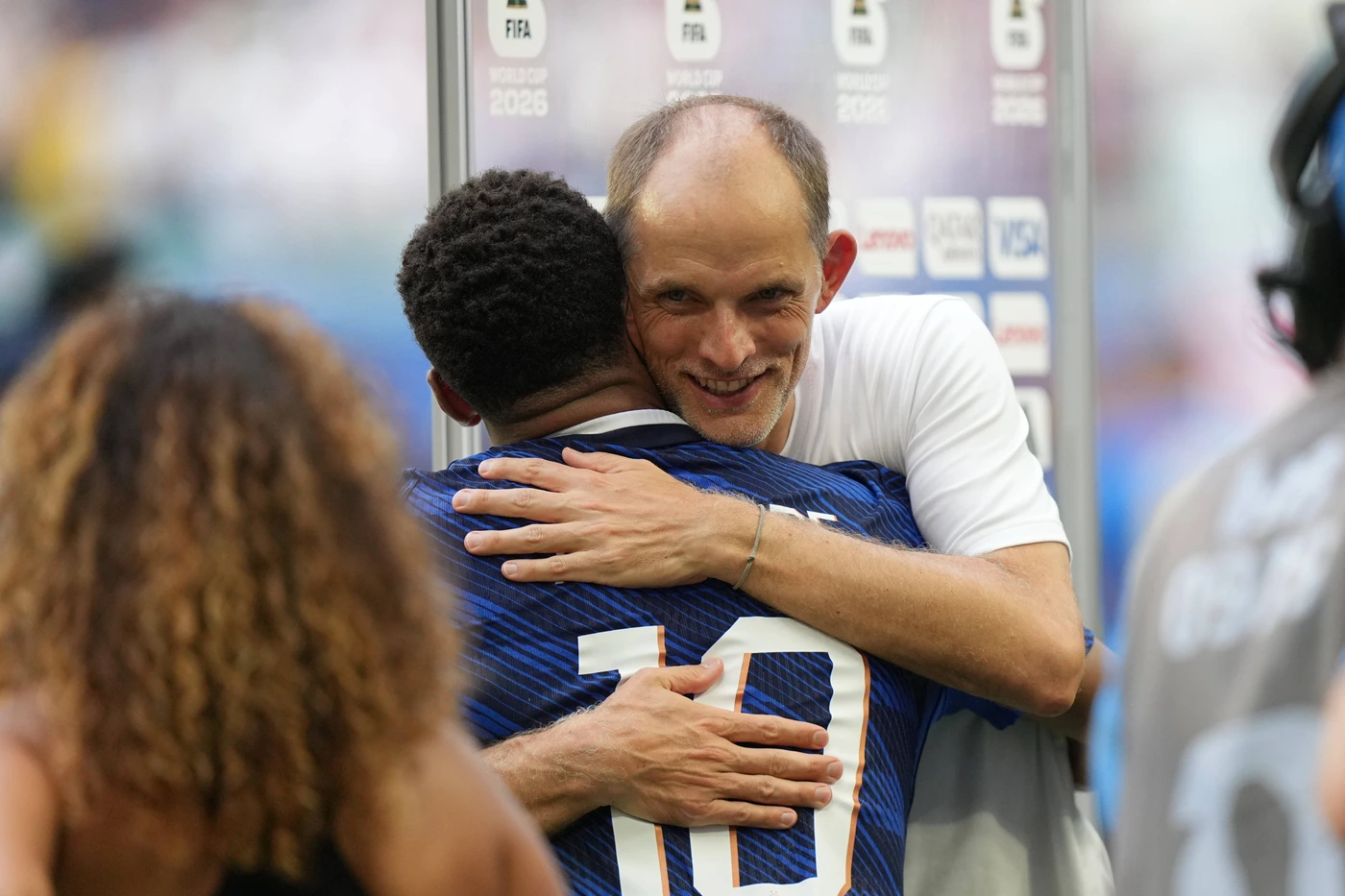 MIAMI GARDENS, FL - JULY 18: England manager Thomas Tuchel gives a hug to France forward Kylian Mbappà (10) following the FIFA World Cup, WM, Weltmeisterschaft, Fussball 26 Bronze Final between Fra...