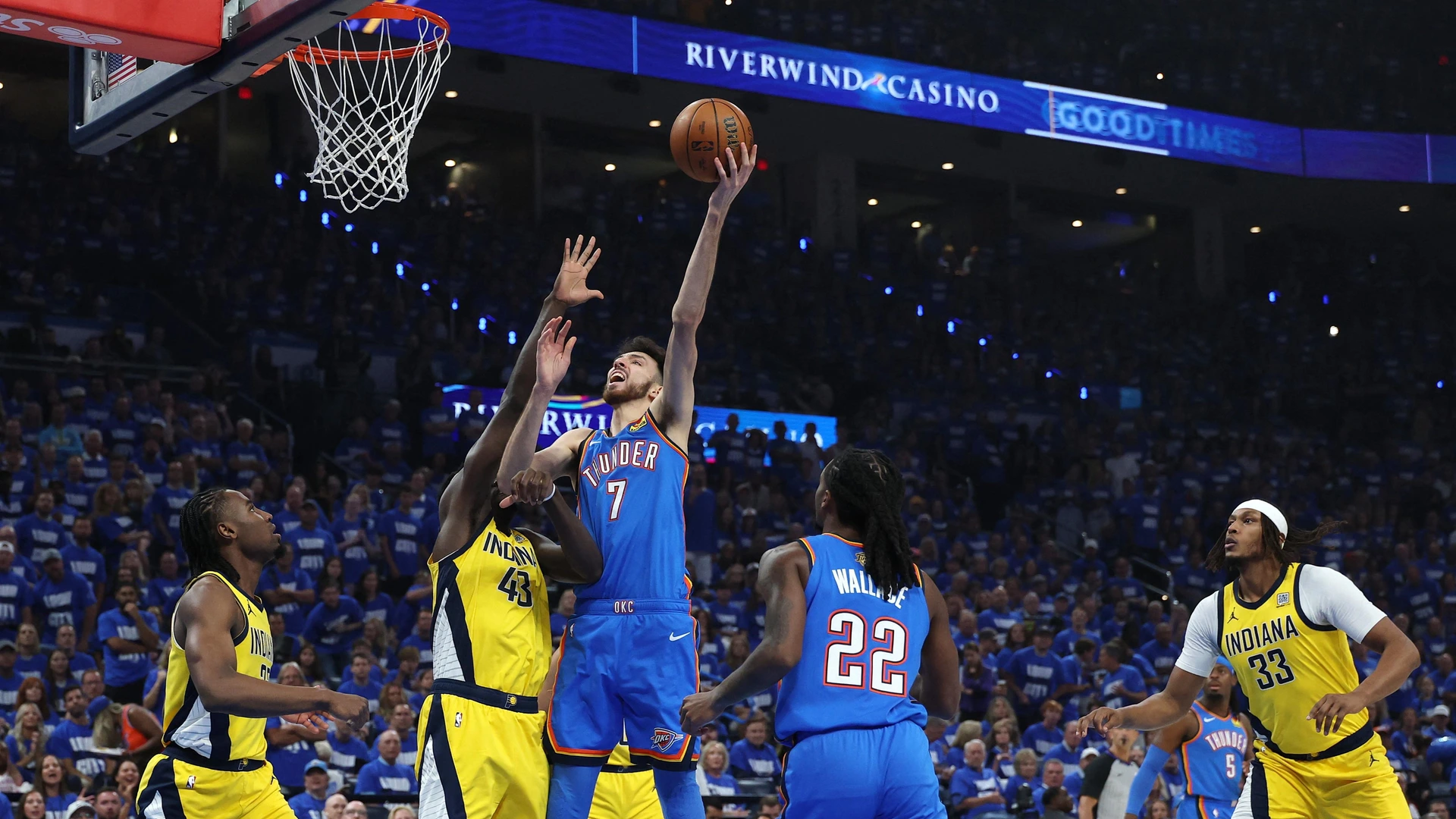 OKLAHOMA CITY, OKLAHOMA - JUNE 08: Chet Holmgren #7 of the Oklahoma City Thunder attempts a layup against Pascal Siakam #43 of the Indiana Pacers during the first quarter in Game Two of the 2025 NBA Finals at Paycom Center on June 08, 2025