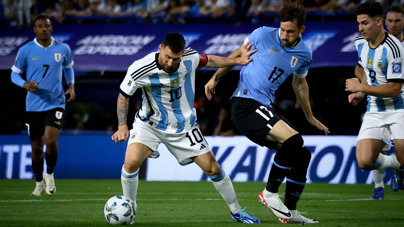 November 16, 2023, Buenos Aires, Buenos Aires, Argentina: Lionel Messi of Argentina L and Matias Vina of Uruguay R during the match between Argentina and Uruguay as part of FIFA World Cup,