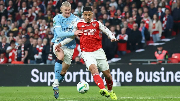Arsenal v Manchester City, Carabao Cup Final Erling Haaland of Manchester City battles with William Saliba of Arsenal during the Arsenal v Manchester City Carabao Cup Final match at Wembley Stadium, London, England on 22 March 2026