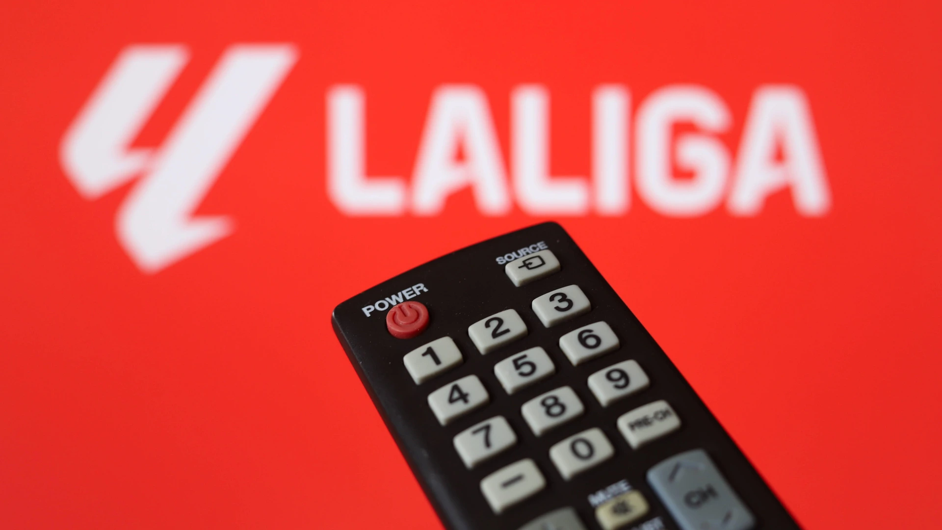 The La Liga logo displays on a TV screen with a TV remote in Ontario, Canada, on February 8, 2026.