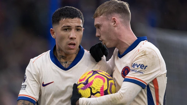 Cole Palmer and Enzo Fernandez of Chelsea during the Premier League match between Leicester City FC and Chelsea FC at The King Power Stadium on November 23, 2024 in Leicester, England.