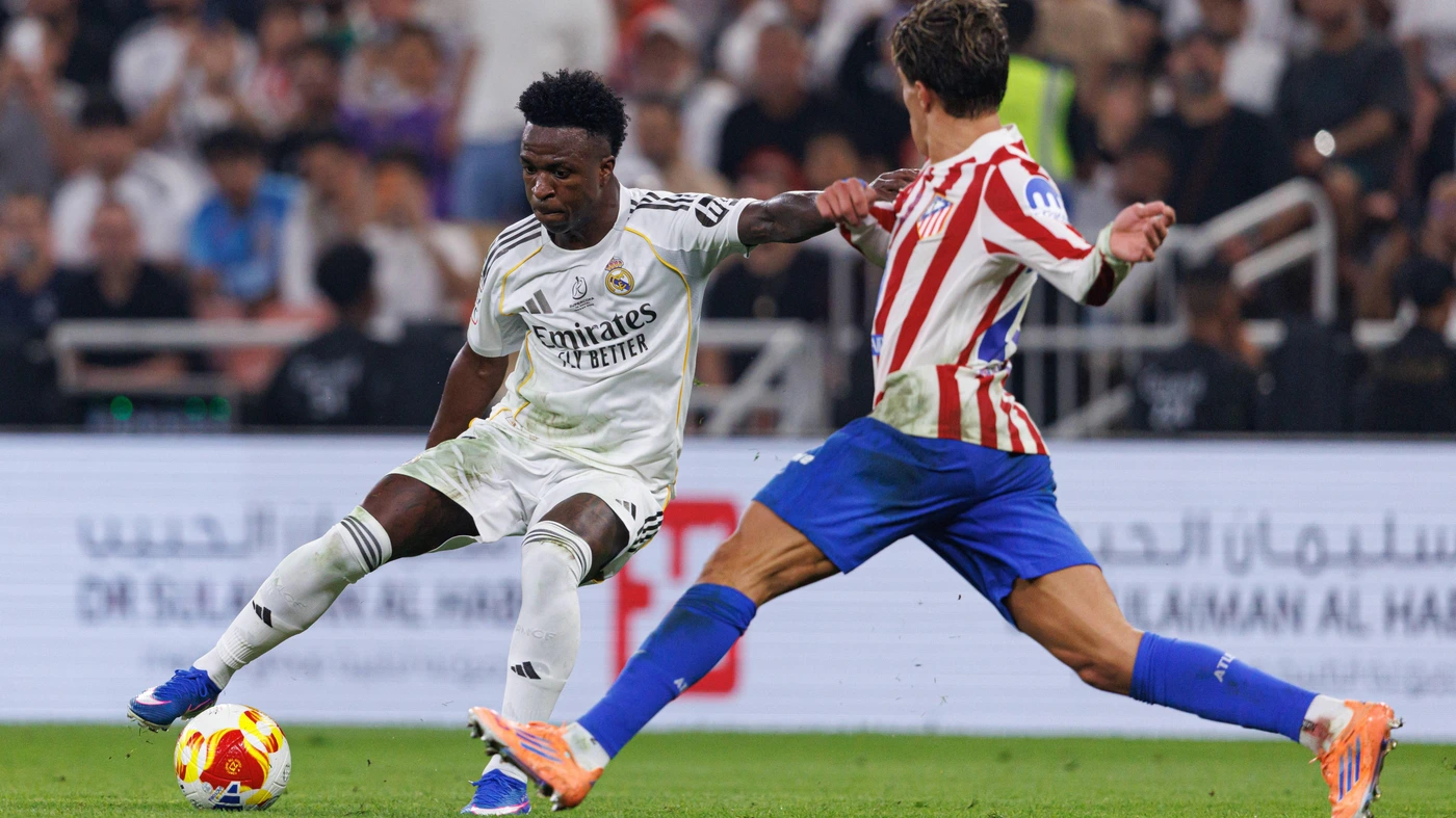 Vinicius Vini Junior and Giuliano Simeone seen during Spanish Supercup Semifinal game between Club Atletico de Madrid and Real Madrid