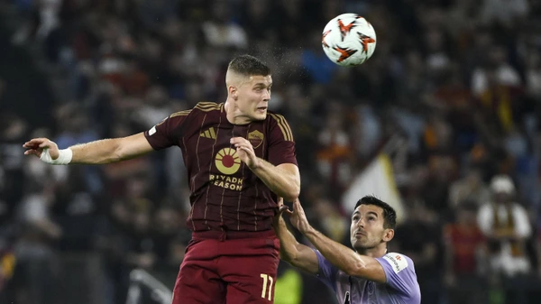 Artem Dovbyk of AS Roma and Ander Herrera of Athletic Club Bilbao during the Europa League football match between AS Roma and Athletic Club Bilbao at Olimpico stadium in Rome Italy, September 26, 2024.