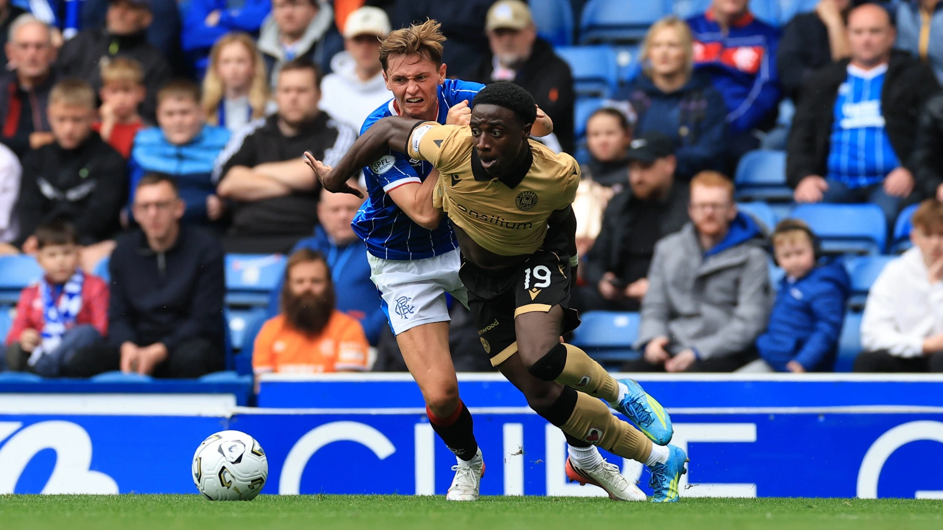 Rangers v St Mirren Premier Sports Cup James Penrice of Rangers competes for the ball with Tunmise Sobowale of St Mirren during the Premier Sports Cup Second Round match at Ibrox Stadium, Glasgow 16/08/2026