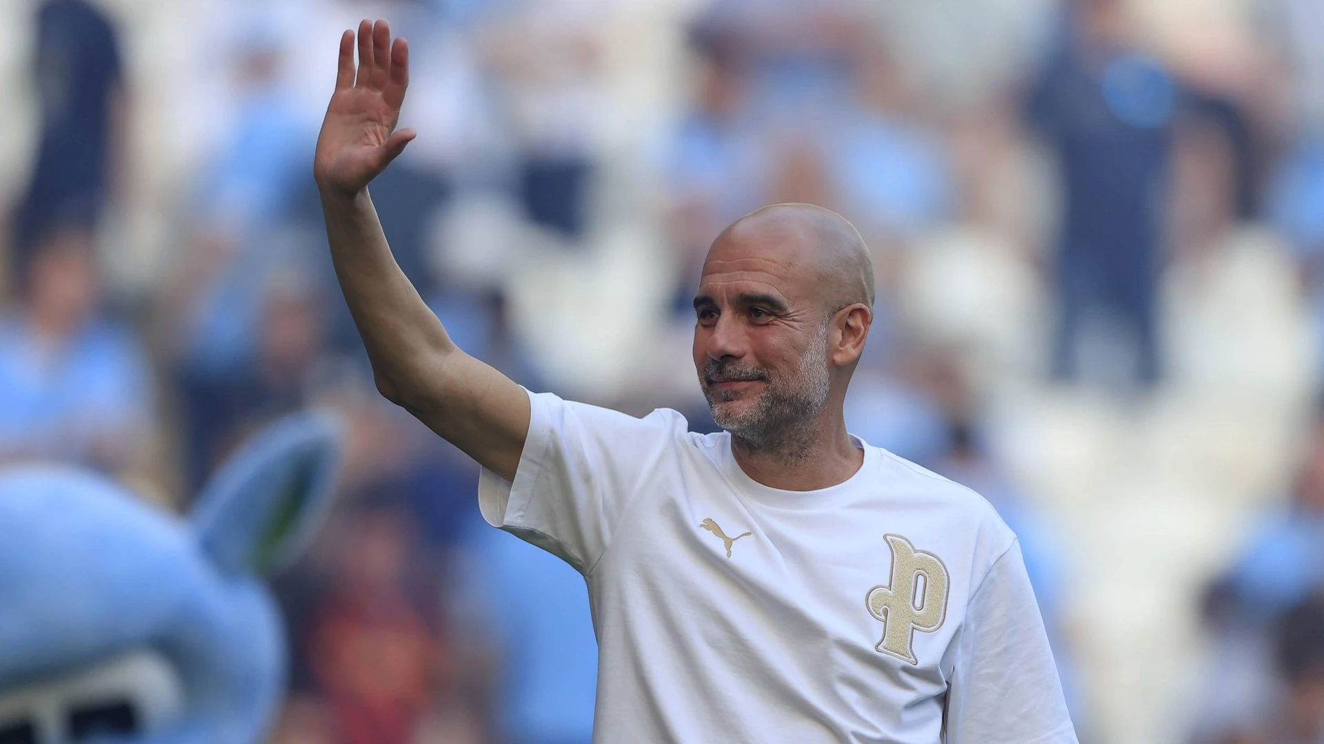 Pep Guardiola the Manchester City manager waves farewell to the fans during the celebrations at the end of the Premier League match between Manchester City and Aston Villa at the Etihad Stadium, Manchester, UK on 24 May 2026.