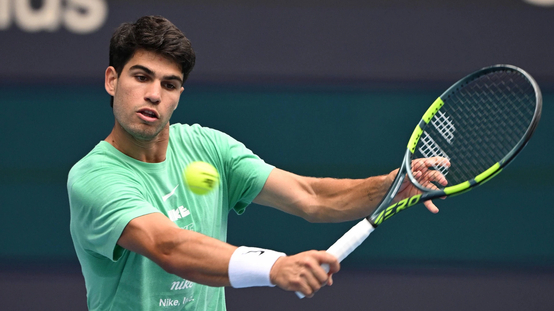 Carlos Alcaraz is seen on the practice court at The Miami Open held at Hard Rock Stadium on March 17, 2026 in Miami Gardens