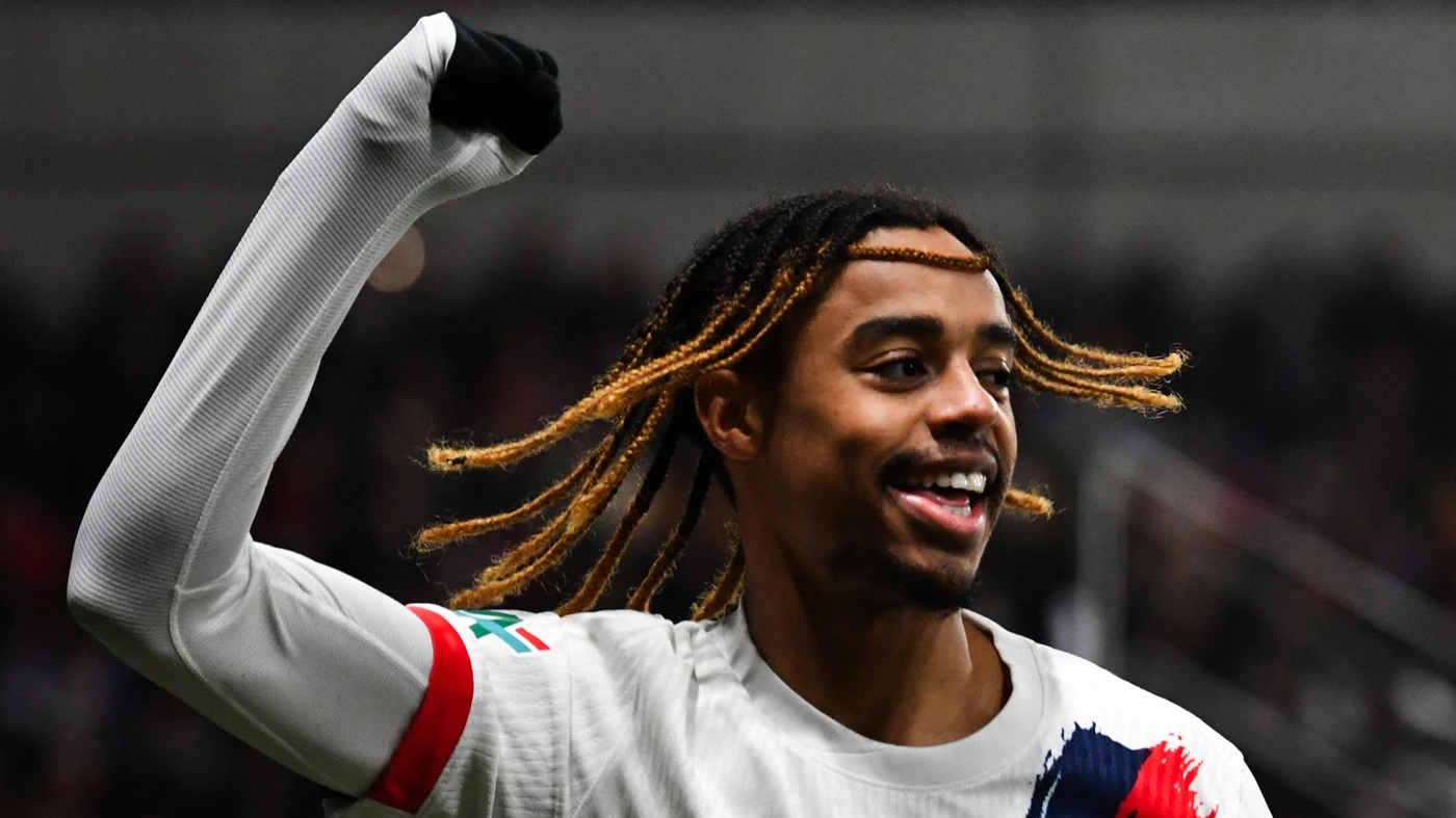 Paris Saint-Germain's Bradley Barcola celebrates after scoring his team second goal during the French Cup (Coupe de France) match between Le Mans FC and Paris Saint-Germain (PSG) on February 4, 2025.
