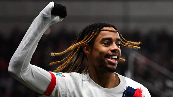 Paris Saint-Germain's Bradley Barcola celebrates after scoring his team second goal during the French Cup (Coupe de France) match between Le Mans FC and Paris Saint-Germain (PSG) on February 4, 2025.