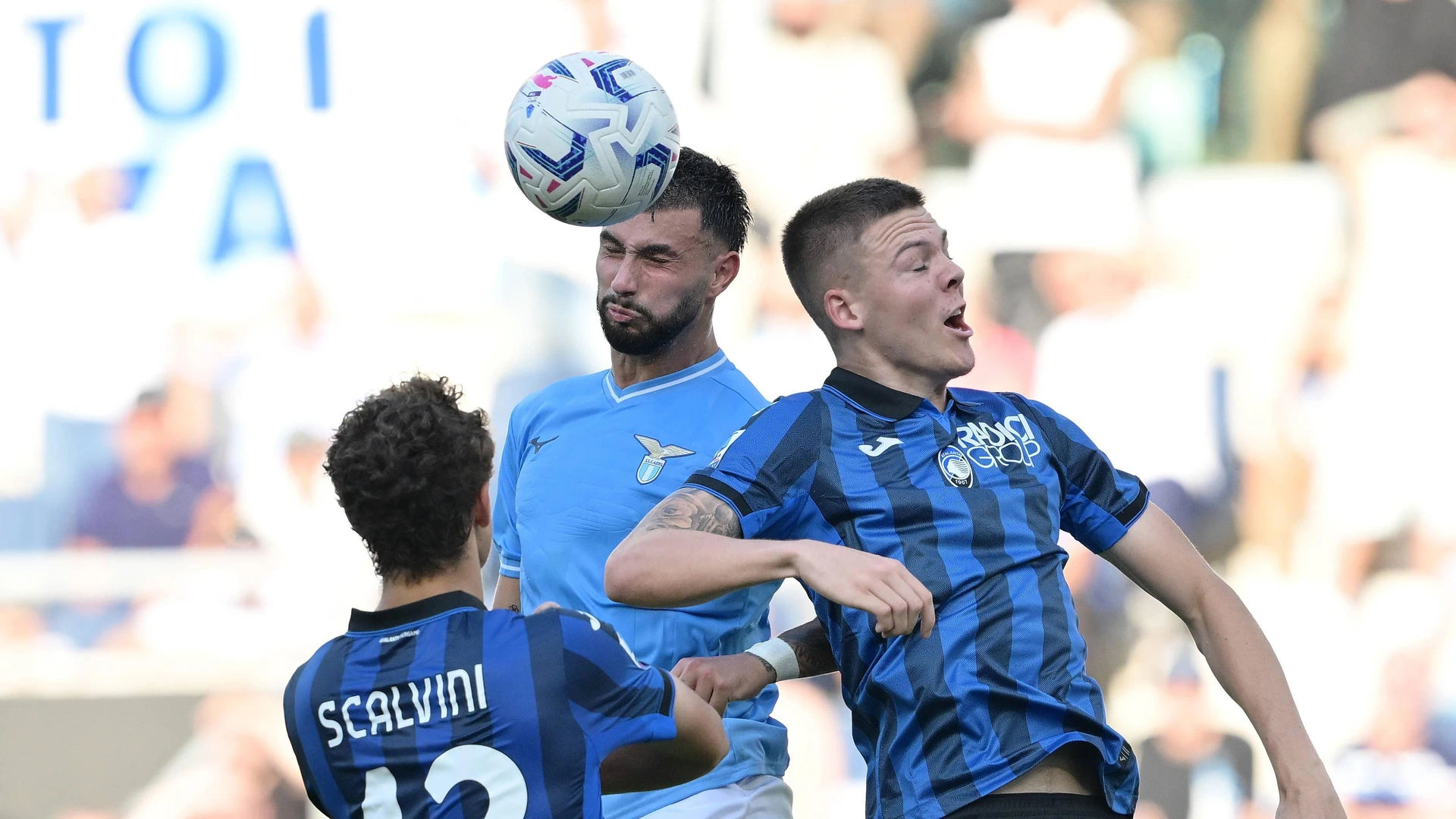 October 08, 2023 Rome, Italy - sport, soccer - Lazio vs Atalanta - Italian Serie A Football Championship 2023/2024 - Olimpic Stadium. In the pic: Taty Castellanos 19 SS Lazio Emil Olm 3 Atalanta
