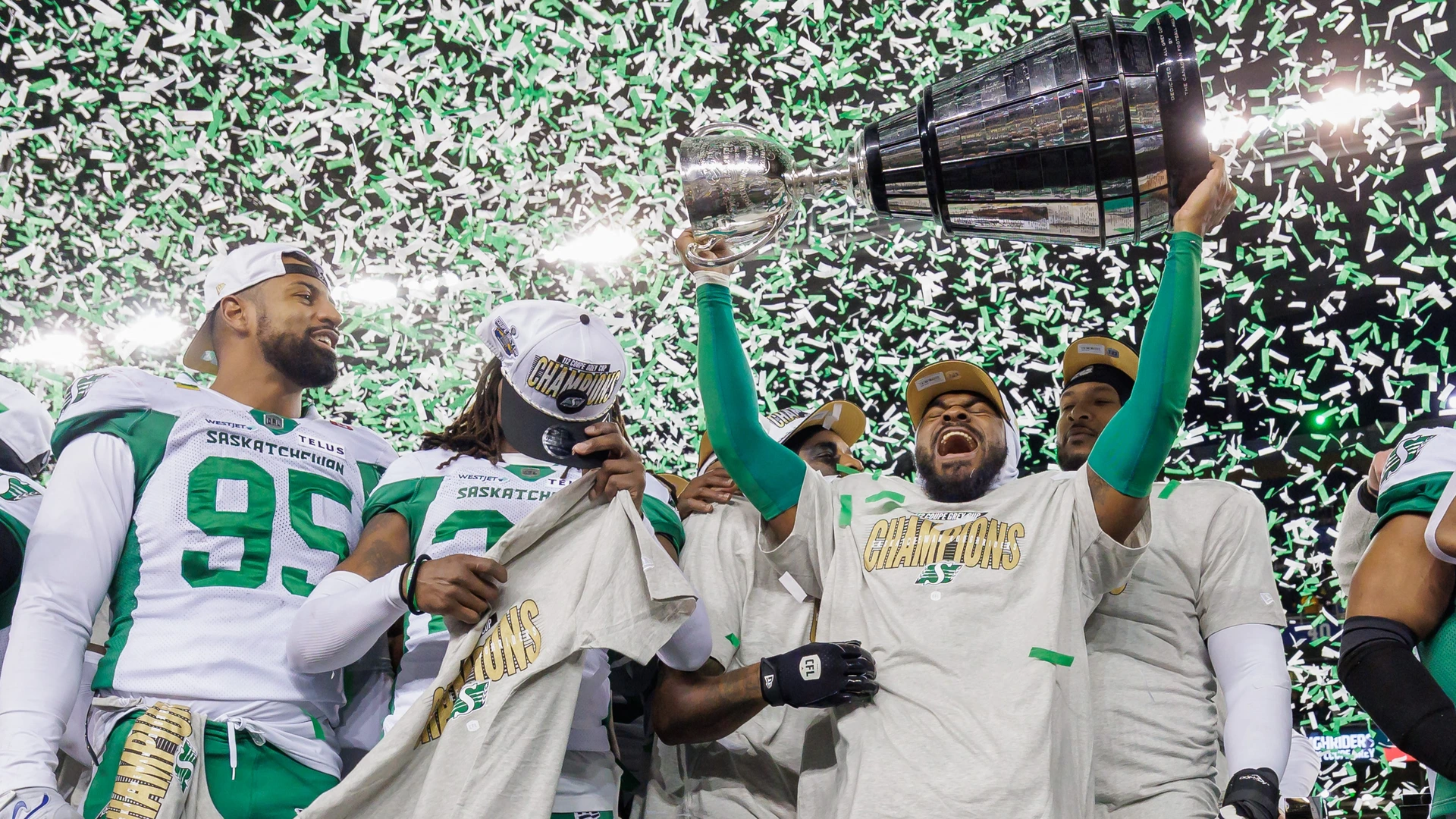 Rolan Milligan #0 of the Saskatchewan Roughriders lifts the Grey Cup after winning the 112th Grey Cup game between the Montreal Alouettes and Saskatchewan Roughriders at Princess Auto Stadium on November 16, 2025 in Winnipeg, Canada.