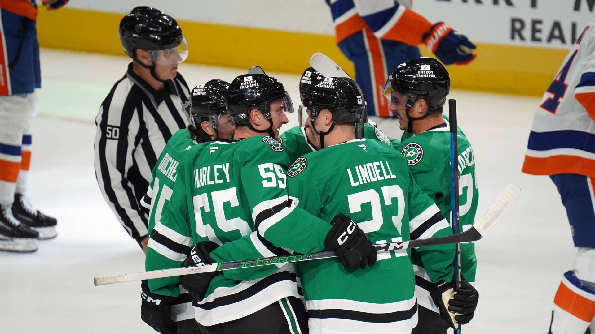 Matt Duchene 95, Thomas Harley 55, Esa Lindell 23 and Mason Marchment 27 celebrate Tyler Seguin s 91 goal during the NHL match between the Dallas Stars and the New York Islanders