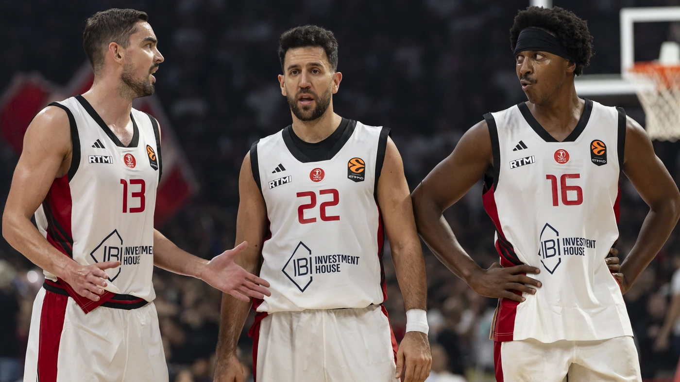 Tomas Satoransky, 13 of Hapoel Ibi Tel Aviv speaks with Vasilije Micic, 22 of Hapoel Ibi Tel Aviv and Zach Leday, 16 of Hapoel Ibi Tel Aviv during 2026/2027 EuroLeague Round 2 match between Crvena Zvezda Meridianbet Belgrade and Hapoel IBI Tel Aviv at Belgrade Arena on September 29, 2026