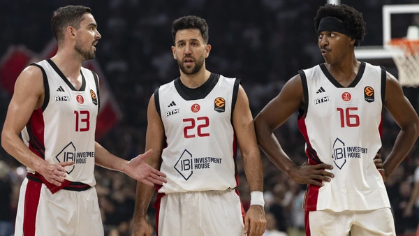 Tomas Satoransky, 13 of Hapoel Ibi Tel Aviv speaks with Vasilije Micic, 22 of Hapoel Ibi Tel Aviv and Zach Leday, 16 of Hapoel Ibi Tel Aviv during 2026/2027 EuroLeague Round 2 match between Crvena Zvezda Meridianbet Belgrade and Hapoel IBI Tel Aviv at Belgrade Arena on September 29, 2026