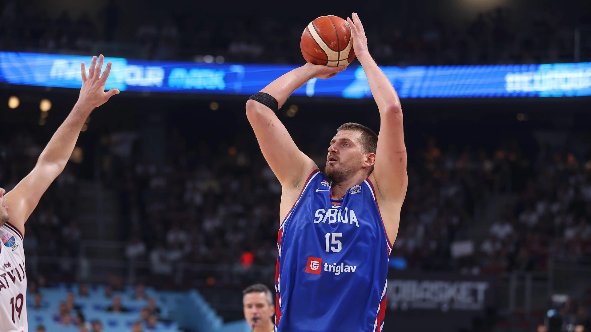 SERBIA vs LATVIA NIKOLA JOKIC, basketball player of Serbia, during the European Championships match against Latvia, at Xiaomi Arena, Riga, 30.08.2025.