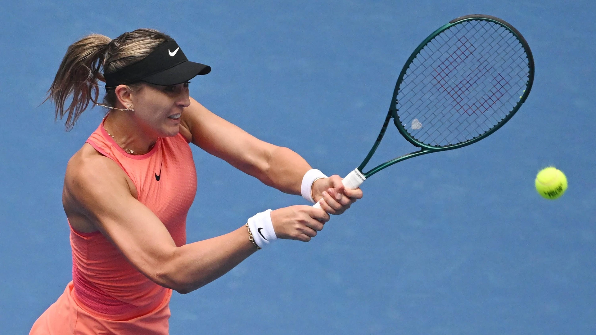 Spain's Paula Badosa hits a return to USA's Coco Gauff during their women's singles semifinal match at the China Open tennis tournament in Beijing on October 5, 2024.