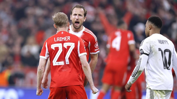 KANE Harry Team FC Bayern Muenchen cheers after victory with LAIMER Konrad right MBAPPE Kylian UEFA Championsleague season 2025 2026 quarterfinal match FC Bayern Muenchen Real Madrid on 15 04 2026