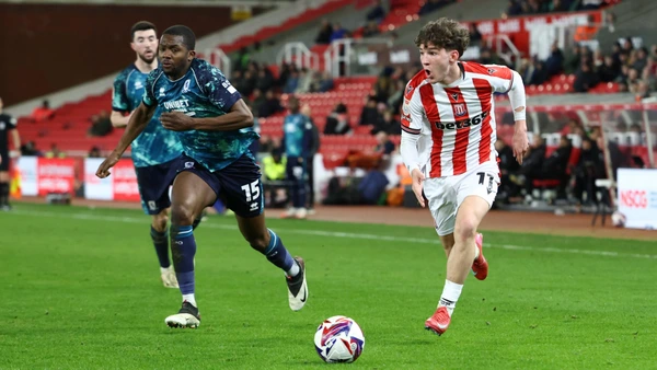 Stoke City forward Lewis Koumas beats Middlesbrough defender Anfernee Dijksteel 15 on the outside during the EFL Sky Bet Championship match between Stoke City and Middlesbrough at the Bet365 Stadium, Stoke-on-Trent, England on 25 February 2025.