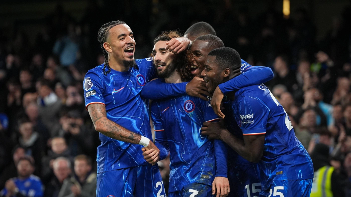 Celebrations after Marc Cucurella of Chelsea opening goal during the Premier League match between Chelsea and Brentford at Stamford Bridge, London, England on 15 December 2024.