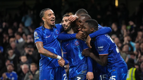 Celebrations after Marc Cucurella of Chelsea opening goal during the Premier League match between Chelsea and Brentford at Stamford Bridge, London, England on 15 December 2024.