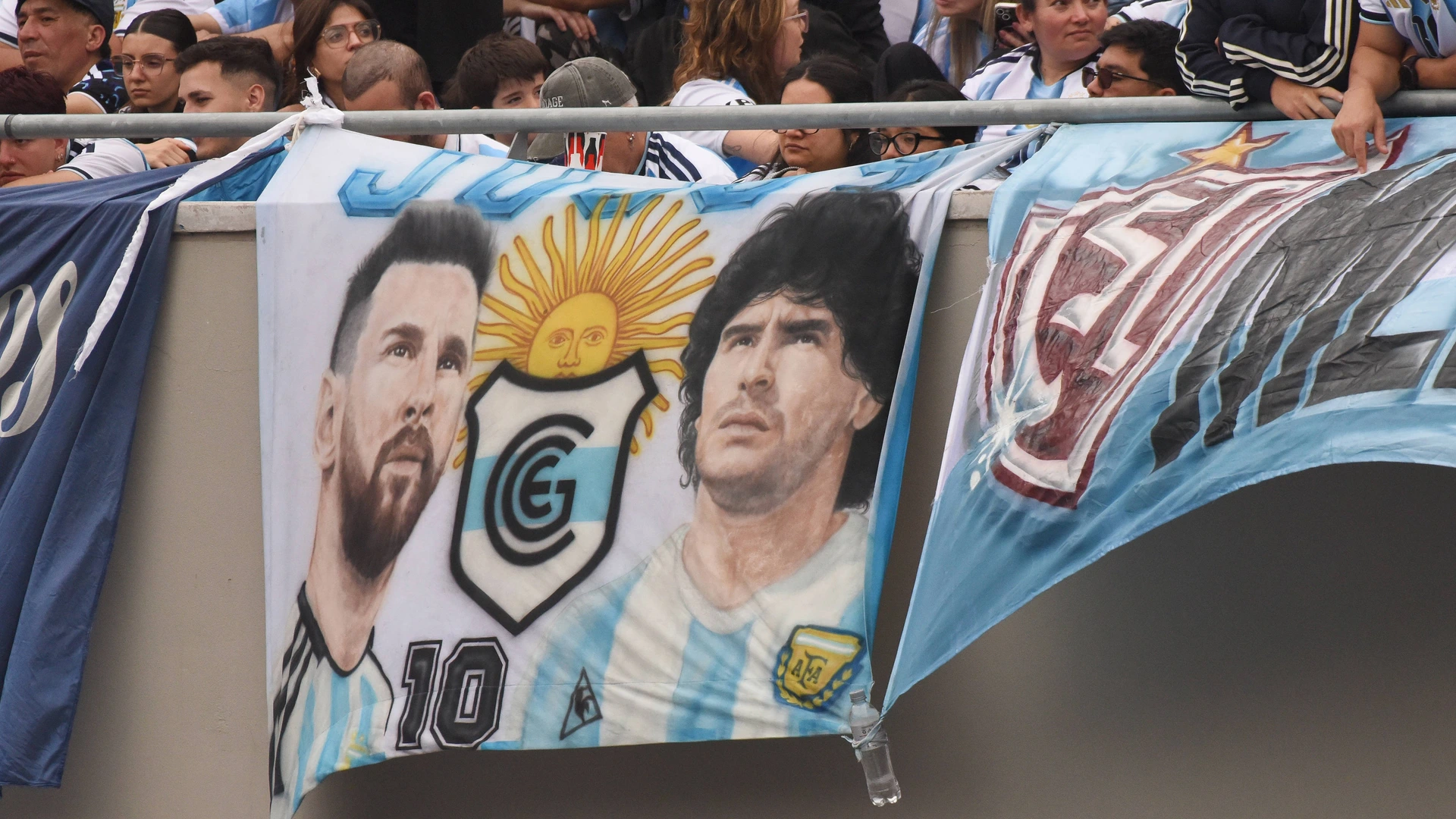 Flags of Lionel Messi and Argentina are displayed during the match between Argentina and Benin at Estadio Monumental in Buenos Aires, Argentina, on October 6, 2026