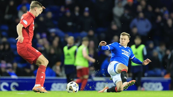 Rangers v Aberdeen Premiership Mats Knoester of Aberdeen left and Connor Barron of Rangers in action during the Premiership match at Ibrox Stadium, Glasgow 06/01/2026