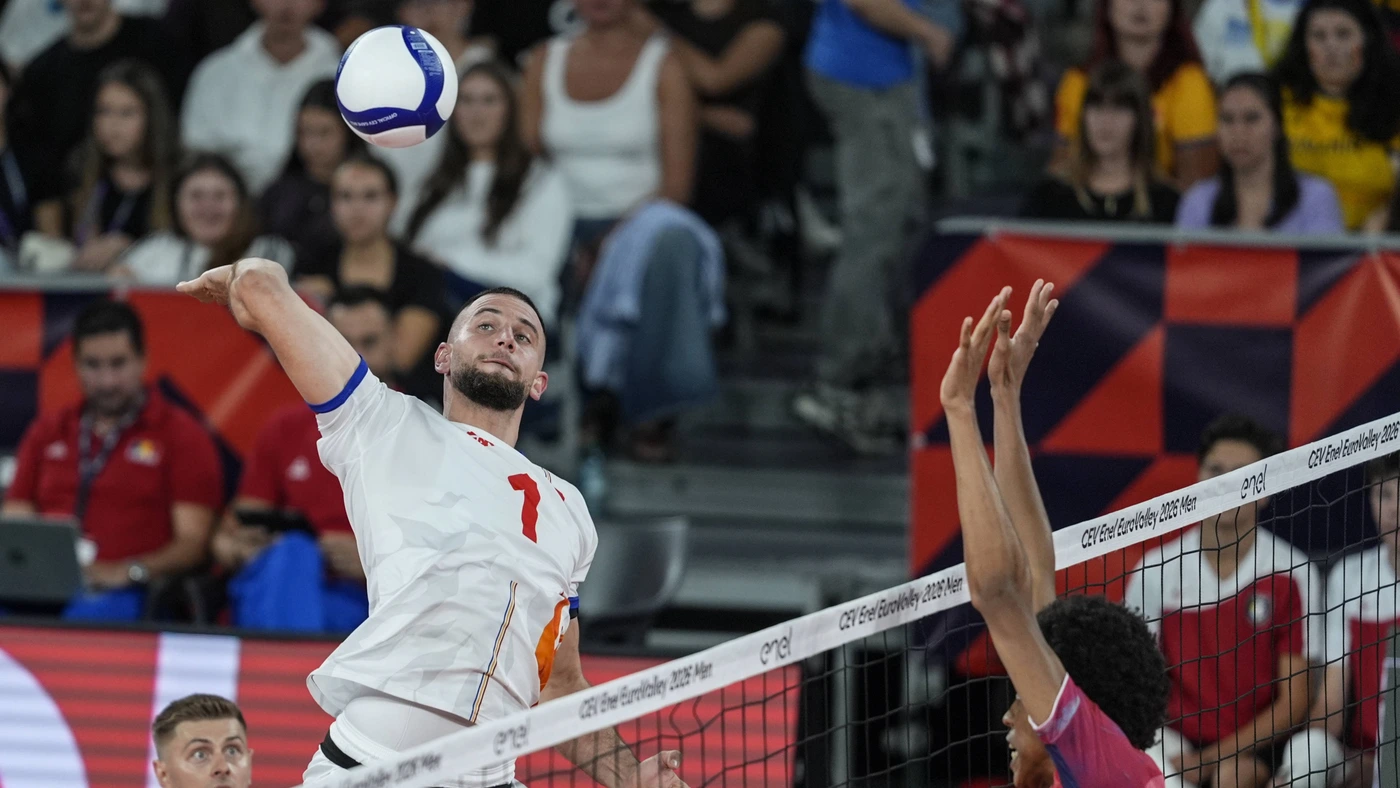 Bela Bartha of Romania in action during the CEV 2026 European Men s Volleyball Championship Group D match between France and Romania at BT Arena in Cluj-Napoca, Romania, on September 16, 2026.