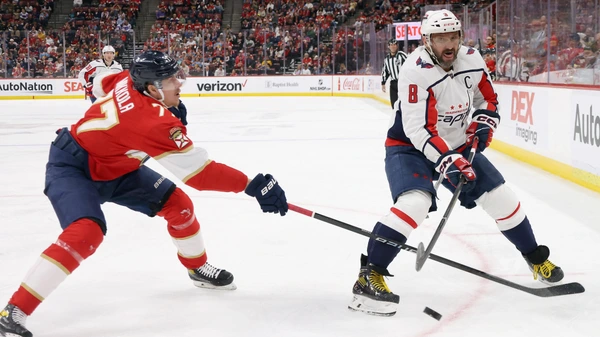 SUNRISE, FLORIDA - FEBRUARY 24: Alex Ovechkin #8 of the Washington Capitals skates in his 1,400th NHL game against the Florida Panthers at Amerant Bank Arena on February 24, 2024 in Sunrise, Florida.