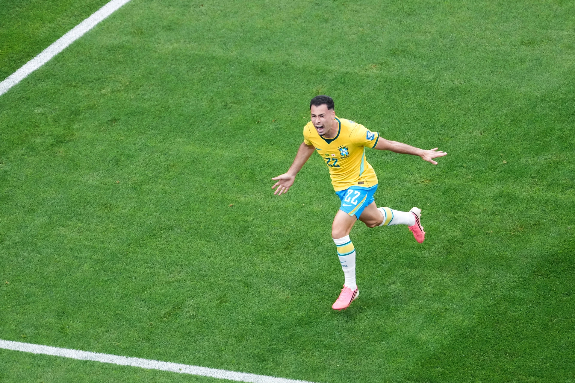 Gabriel Martinelli of Brazil celebrates after scoring the team s second goal during a FIFA Men’s World Cup 2026 round of 32 football match between Brazil and Japan at Houston Stadium, in Houston on...
