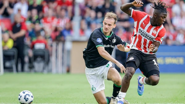 2024-08-04 PSV v Feyenoord - Thomas Beelen of Feyenoord battles for possession with Johan Bakayoko of PSV during the Johan Cruijff Schaal match between PSV and Feyenoord at Philips Stadion on August 4, 2024 in Eindhoven, Netherlands.