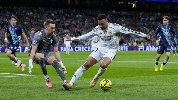 Real Madrid CF - RC Celta. La Liga EA Sports. Date 15 Kylian Mbappe of Real Madrid CF and Andrei Radu of RC Celta de Vigo during the La Liga EA Sports match between Real Madrid CF and RC Celta played at Santiago Bernabeu Stadium on December 07, 2025
