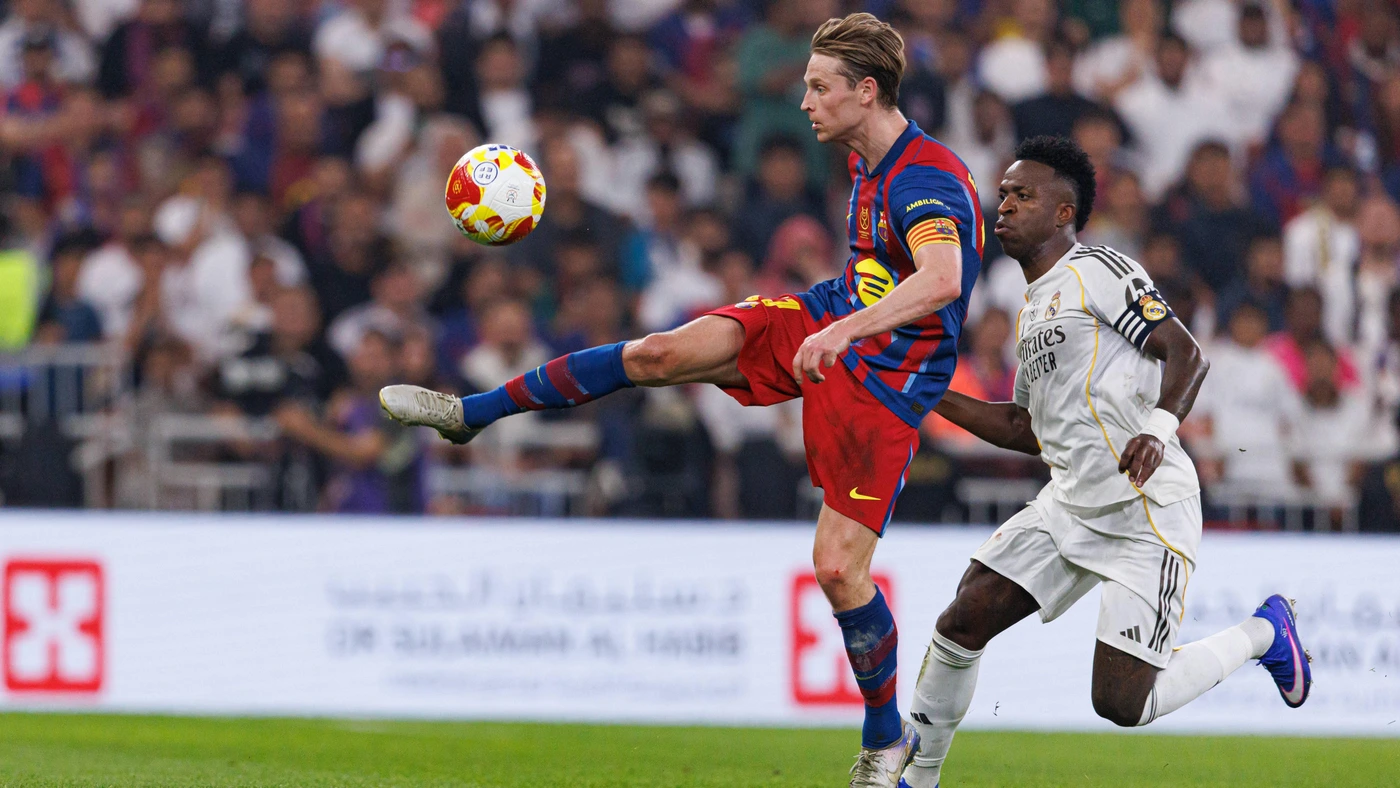 Frenkie De Jong and Vinicius Vini Junior seen during Spanish Supercup Final game between teams of FC Barcelona, Barca and Real Madrid