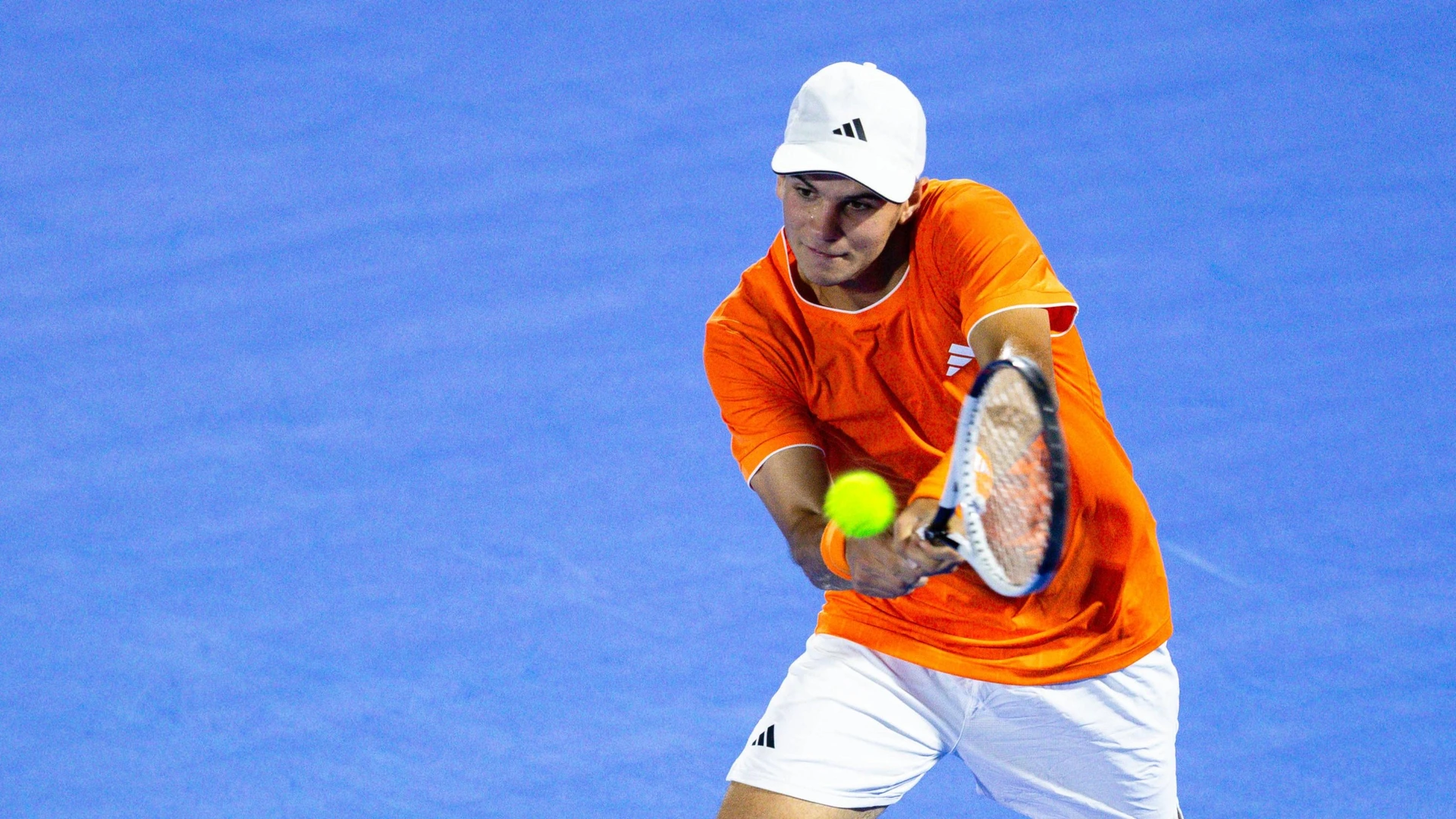 Rafael Jodar of Spain returns a shot against Taylor Fritz of the USA during their match on Day 4 of the Delray Beach Open at the Delray Tennis Center in Delray Beach, Florida, on February 19, 2026. Delray Beach FL United States