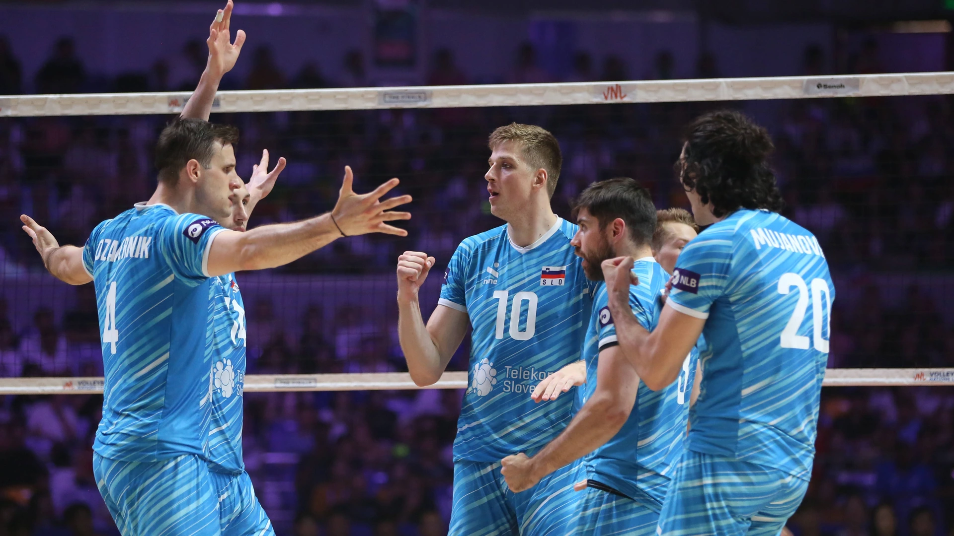 250803 -- NINGBO, Aug. 3, 2025 -- Players of Slovenia celebrate scoring during the 3rd place match between Slovenia and Brazil at the 2025 Volleyball Nations League VNL Men s Final Round in Ningbo, east China s Zhejiang Province, Aug. 3, 2025.