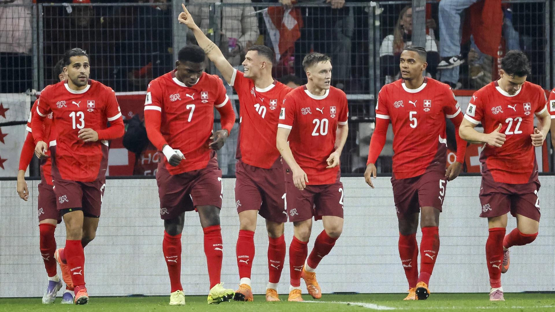 Goal celebration Switzerland at 2 1 by Granit Xhaka Switzerland, 10 , Switzerland, FIFA, World Cup Qualification Europe, Group B , Switzerland vs Sweden, 15 11 2025, Stade de Geneve, Geneva, Switzerland