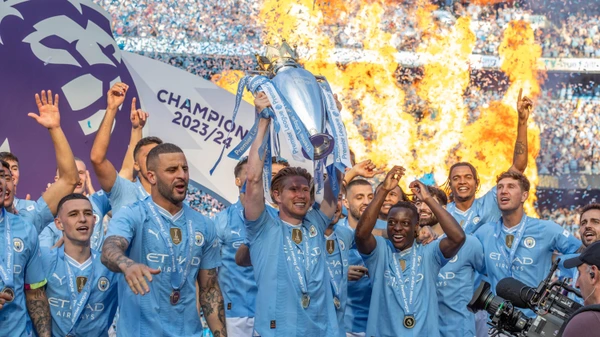 Premier League Manchester City v West Ham United Kevin De Bruyne of Manchester City lifts the Premier League Trophy during the Premier League match Manchester City vs West Ham United at Etihad Stadium, Manchester, United Kingdom, 19th May 2024