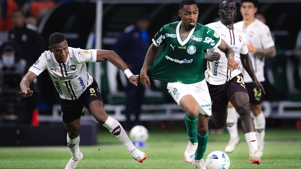 Allanof Palmeiras R and Carlos Gruezo L fight for possession during the Copa Libertadores semi-final second leg match between Palmeiras and LDU Quito at Allianz Parque in São Paulo, Brazil.
