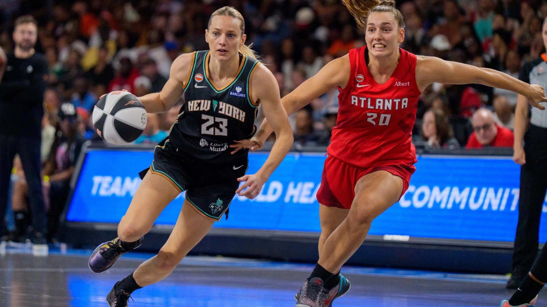 Marine Johannes 23 of the New York Liberty dribbles the ball as Isobel Borlase 20 of the Atlanta Dream defends during a game between New York Liberty and Atlanta Dream at Gateway Center Arena on June 11, 2026 
