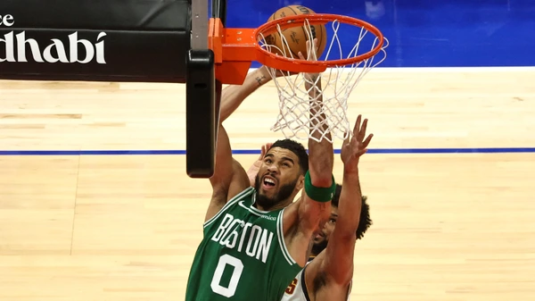 Boston Celtics' forward #0 Jayson Tatum jumps to shoot during the NBA Preseason game between the Boston Celtics and the Denver Nuggets at the Etihad Arena in Abu Dhabi on October 6, 2024.