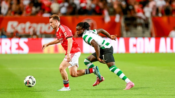 Sporting CP v SL Benfica - Kerem Akturkoglu, forward of SL Benfica, and Geovany Quenda, forward of Sporting CP, play during the Portugal Candido de Oliveira Super Cup final football match at the Estadio Algarve in Faro, Portugal, on July 31, 2025.