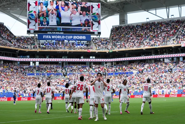 (260719) -- MIAMI, July 19, 2026 -- Declan Rice (C) of England celebrates scoring during the bronze final match between France and England at the 2026 FIFA World Cup, WM, Weltmeisterschaft, Fussbal...