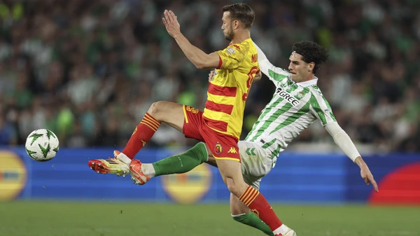 Johnny Cardoso of Real Betis and Kristoffer Normann Hansen of Jagiellonia Bialystok during the UEFA Conference League, quarter finals match, between Real Betis and Jagiellonia played at Benito Villamarin Stadium on April 10, 2025