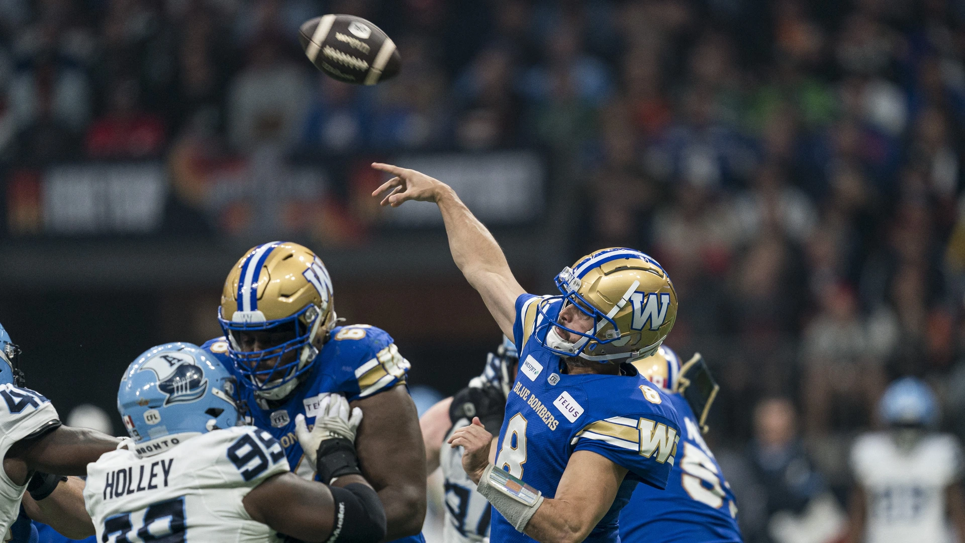 Quarterback Zach Collaros #8 of the Winnipeg Blue Bombers throws a pass against the Toronto Argonaughts during the first half in CFL football action during the 2024 Grey Cup at BC Place on November 17, 2024 in Vancouver, Canada.