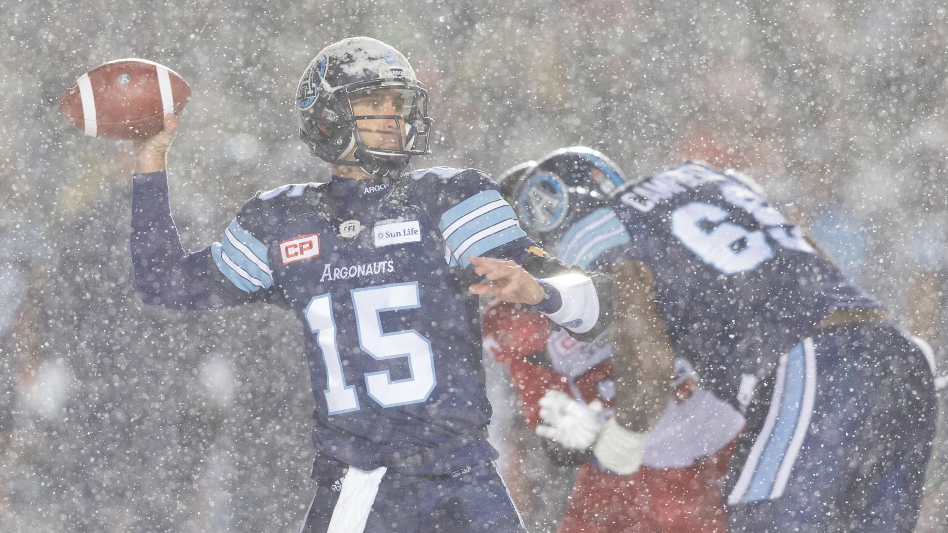 November 26, 2017: Toronto Argonauts quarterback Ricky Ray (15) drops back to pass while Toronto Argonauts offensive lineman William Campbell (69) blocks during the CFL Grey Cup Championship game between Calgary Stampeders and Toronto Argonauts at TD Place Stadium in Ottawa, Canada.