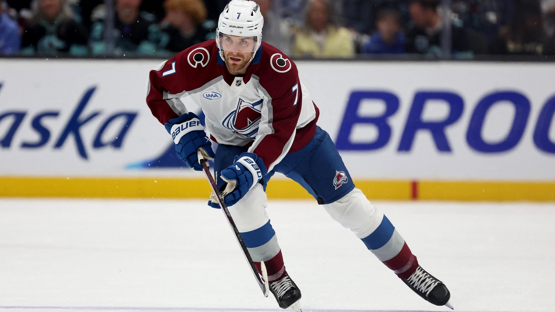 SEATTLE, WASHINGTON - OCTOBER 22: Devon Toews #7 of the Colorado Avalanche skates in his 400th NHL game against the Seattle Kraken at Climate Pledge Arena on October 22, 2024 in Seattle, Washington.