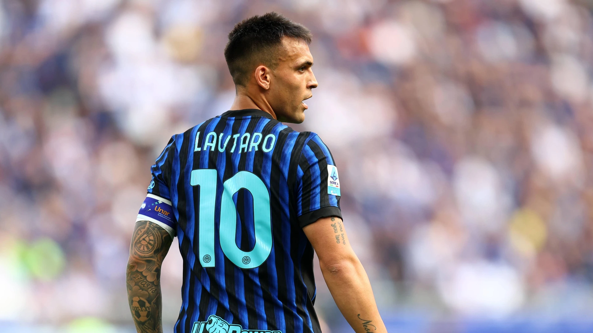 Lautaro Martinez of Fc Internazionale looks on during the Serie A football match beetween Fc Internazionale and Hellas Verona FC at Stadio Giuseppe Meazza on May 17 2026 in Milan Italy .